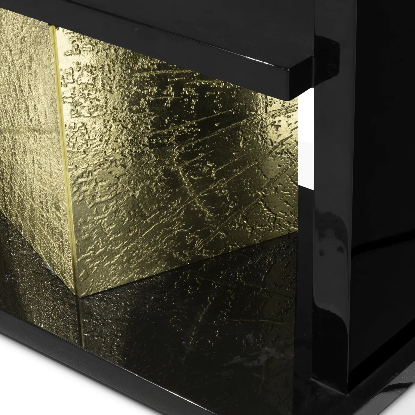 Elegant bookcase with a modern geometric structure, wooden shelves, and sophisticated gold details.