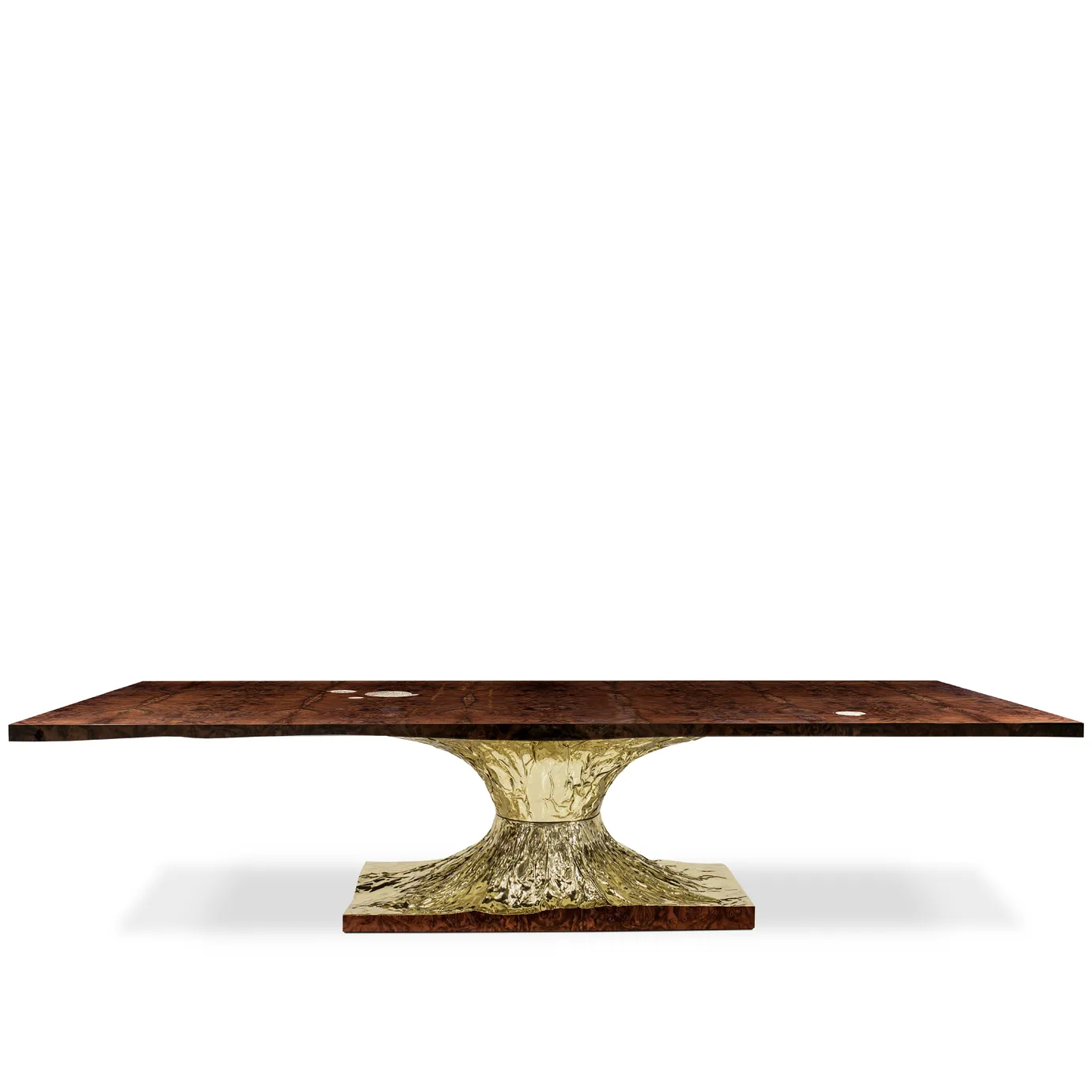 Side view of the elegant and sophisticated dining table with polished brass details.