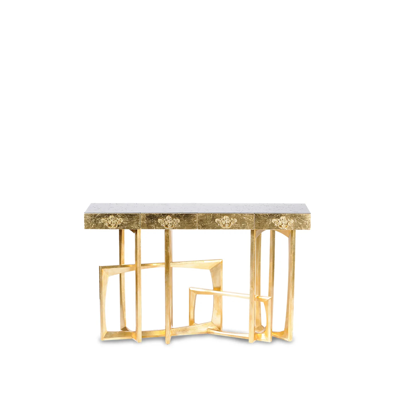 Front view of the elegant console with a glossy finish and striking geometric gold accents.