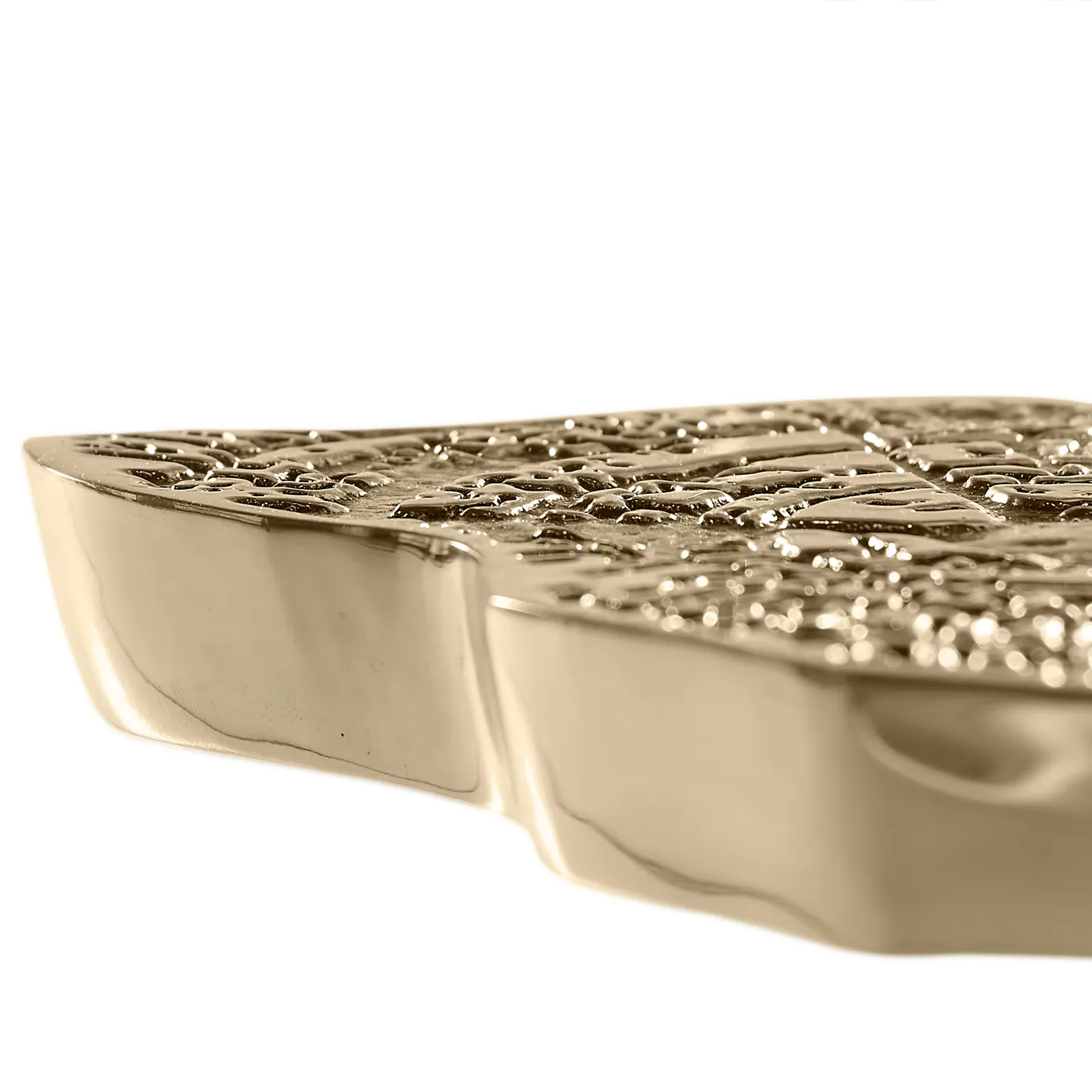 Side angle highlighting the marble top and the intricate gold base with fluid, organic shapes.