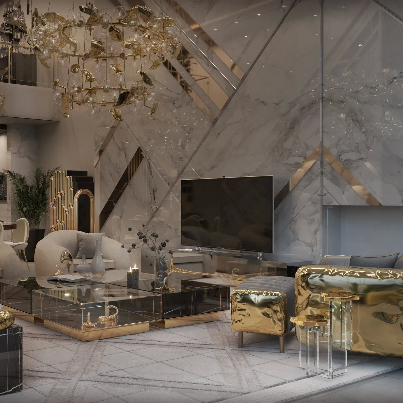 Angled view showing the smooth marble top and the intricate, nature-inspired gold base.