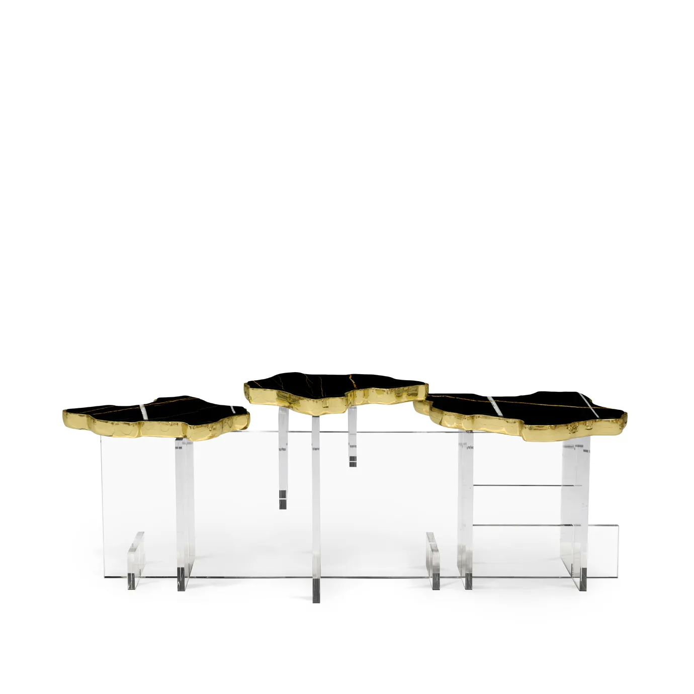 Angled view of a Nero Marquina side table with a bold black finish and sculptural gold base.