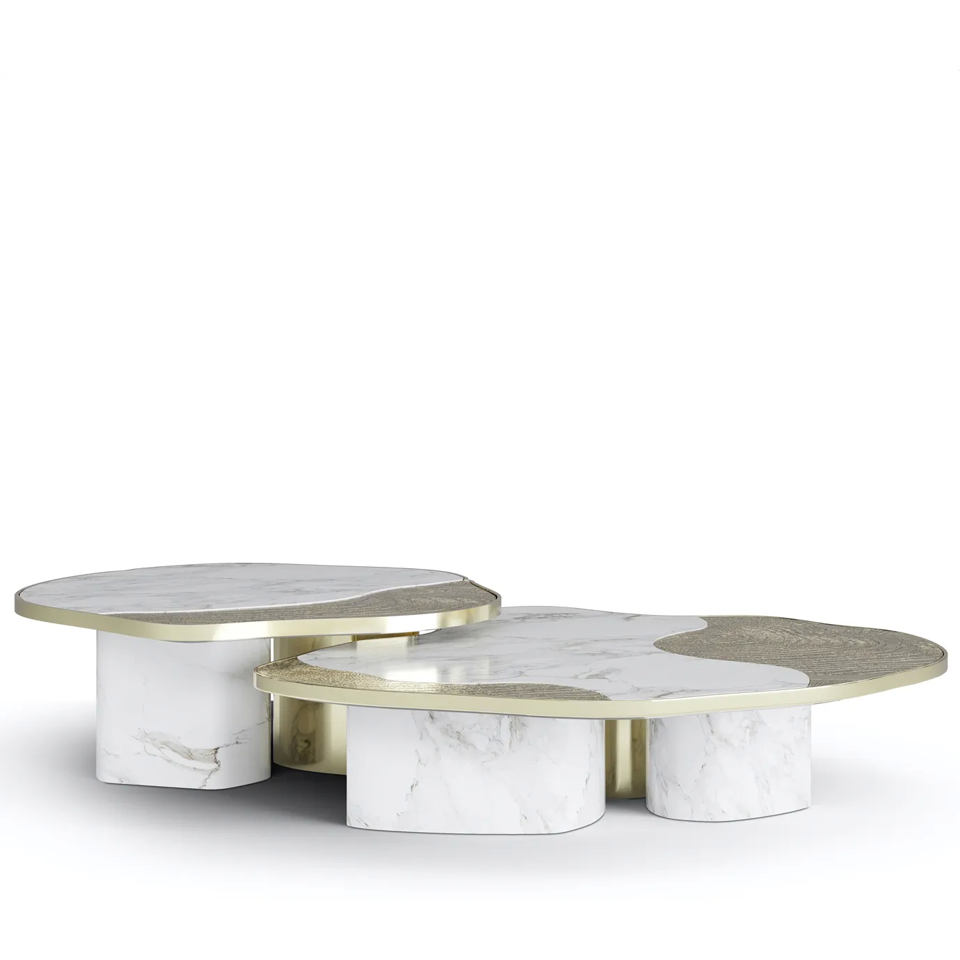Angled view of a Calacatta marble center table with a luxurious gold-accented base.