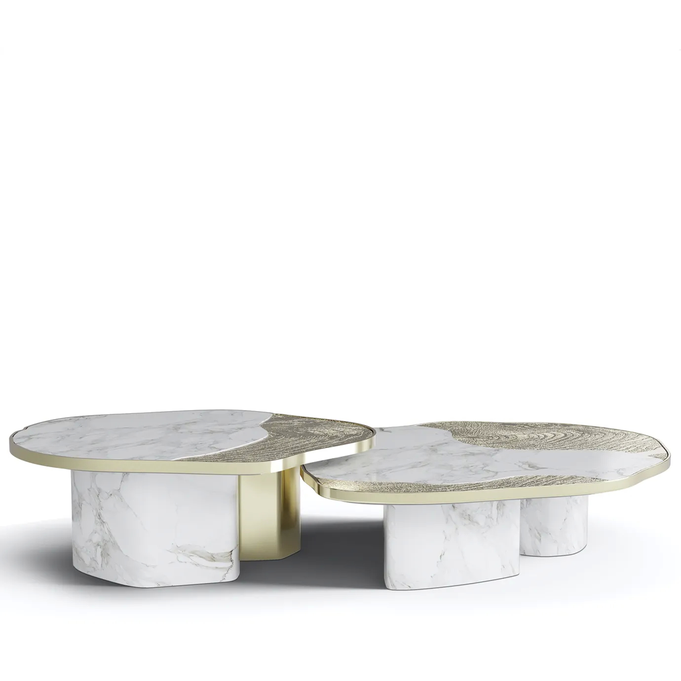 Top-down view highlighting the Calacatta marble surface and the elegant gold-accented base.