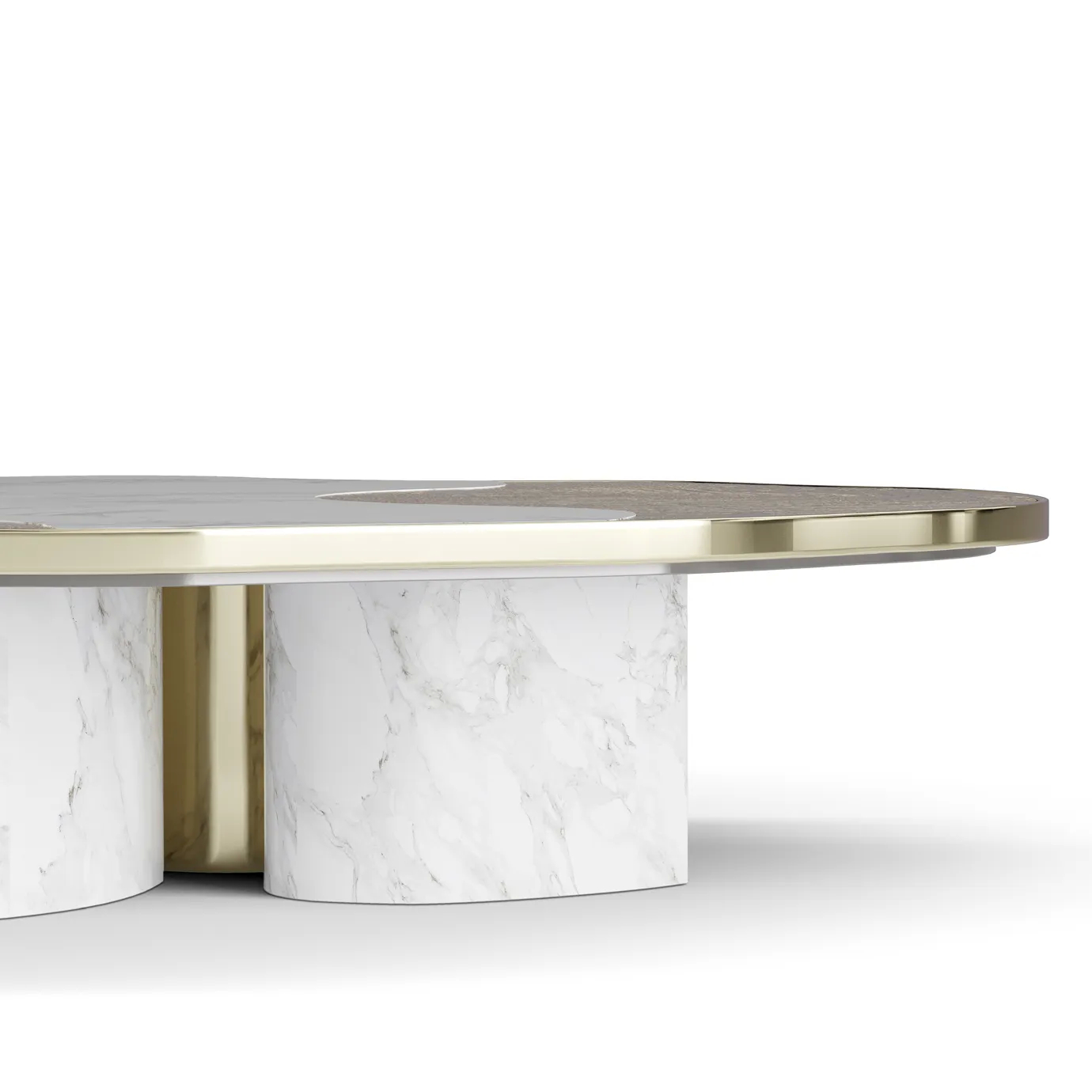Side view showing the smooth Calacatta marble top and the sculptural gold-accented base.