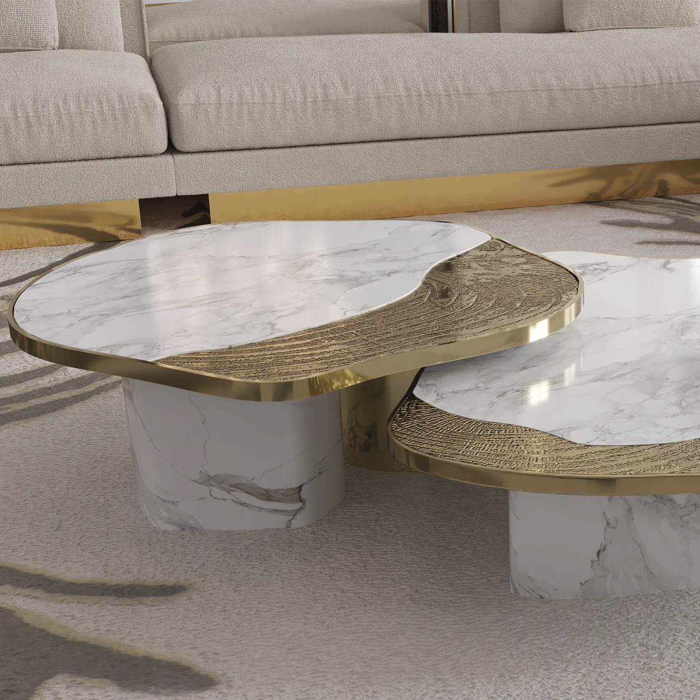 Close-up of the Calacatta marble top with delicate veining and a gleaming gold-accented base.