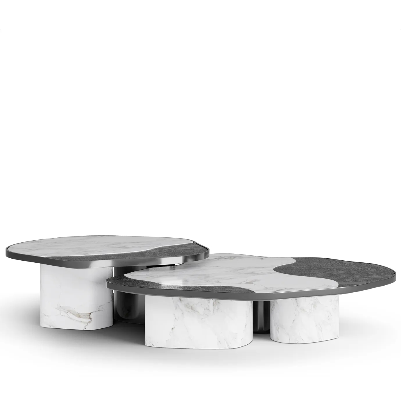 Angled view of a Calacatta marble center table with a striking black base, exuding modern elegance.