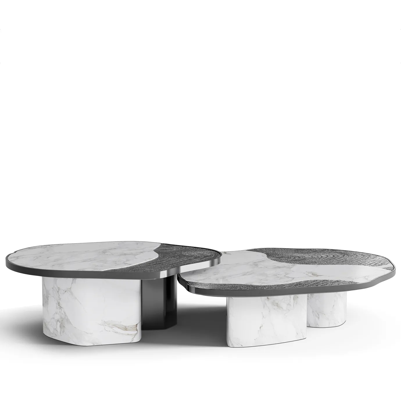 Top-down view showcasing the smooth Calacatta marble top paired with a bold black base.