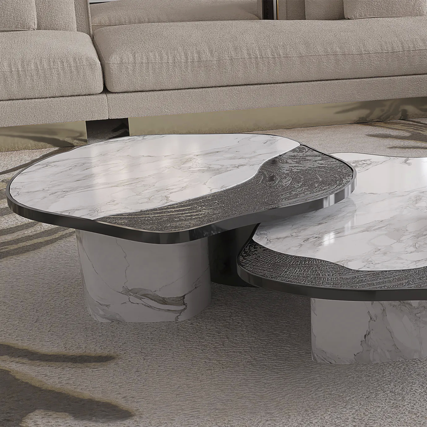Close-up view of the Calacatta marble surface, showcasing its intricate veining and bold black base.