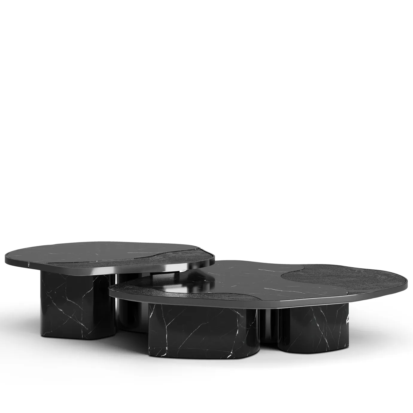 Angled view of a sculptural center table with a rippling, organic black and gold base.