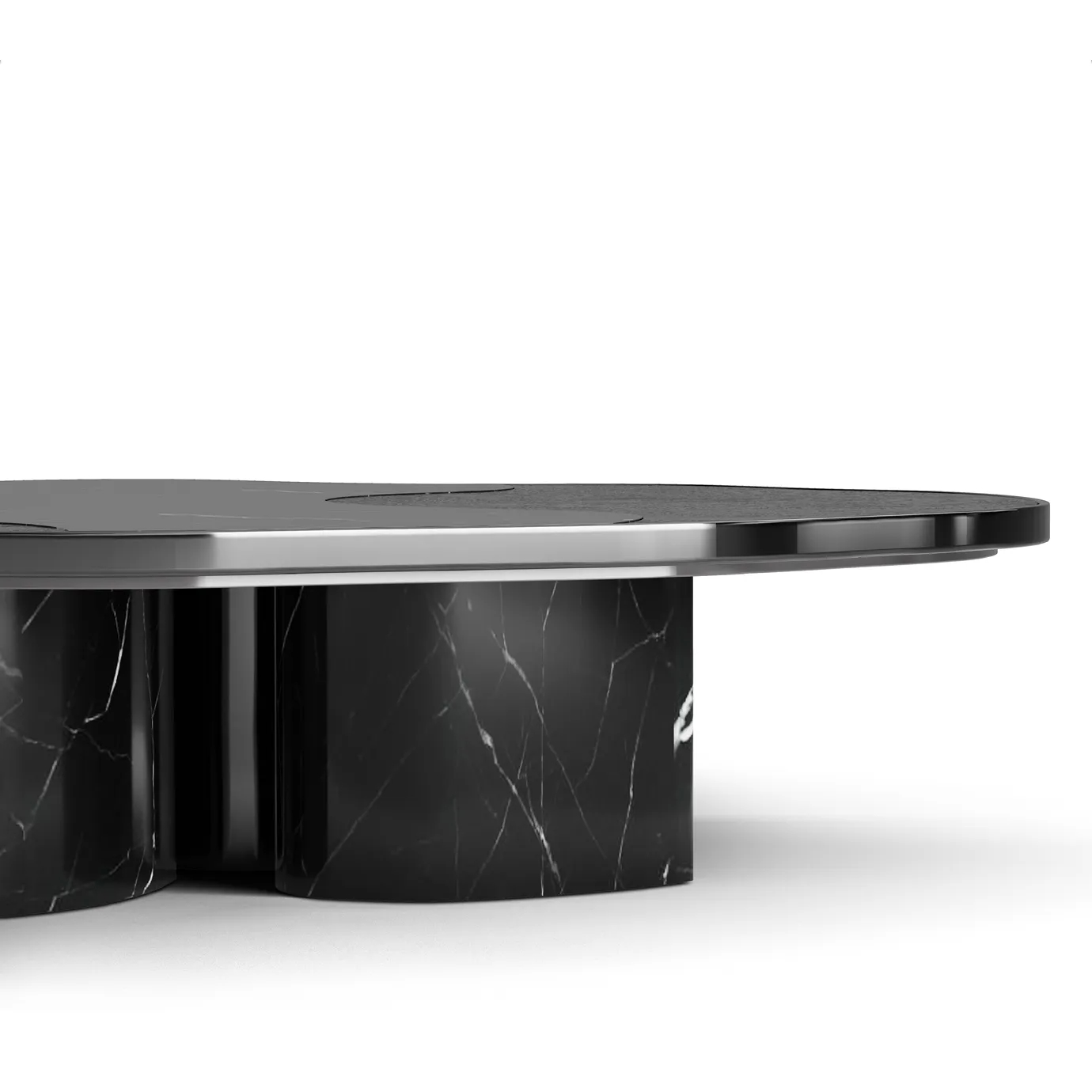 Side view highlighting the table's dynamic, flowing base and contrast between gold and black.