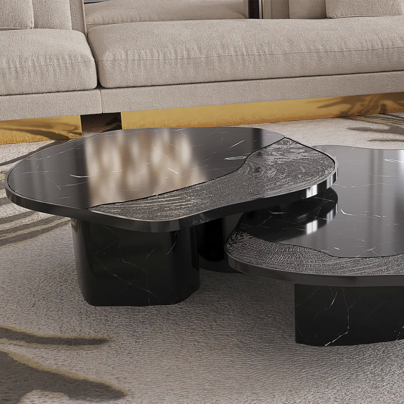 Close-up of the table’s elegant, sculptural base with a glossy black finish and gold accents.
