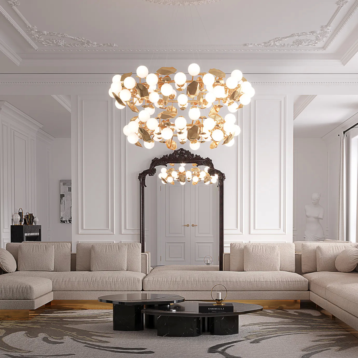 Side angle view emphasizing the table's sleek, smooth top and artistic gold and black base.