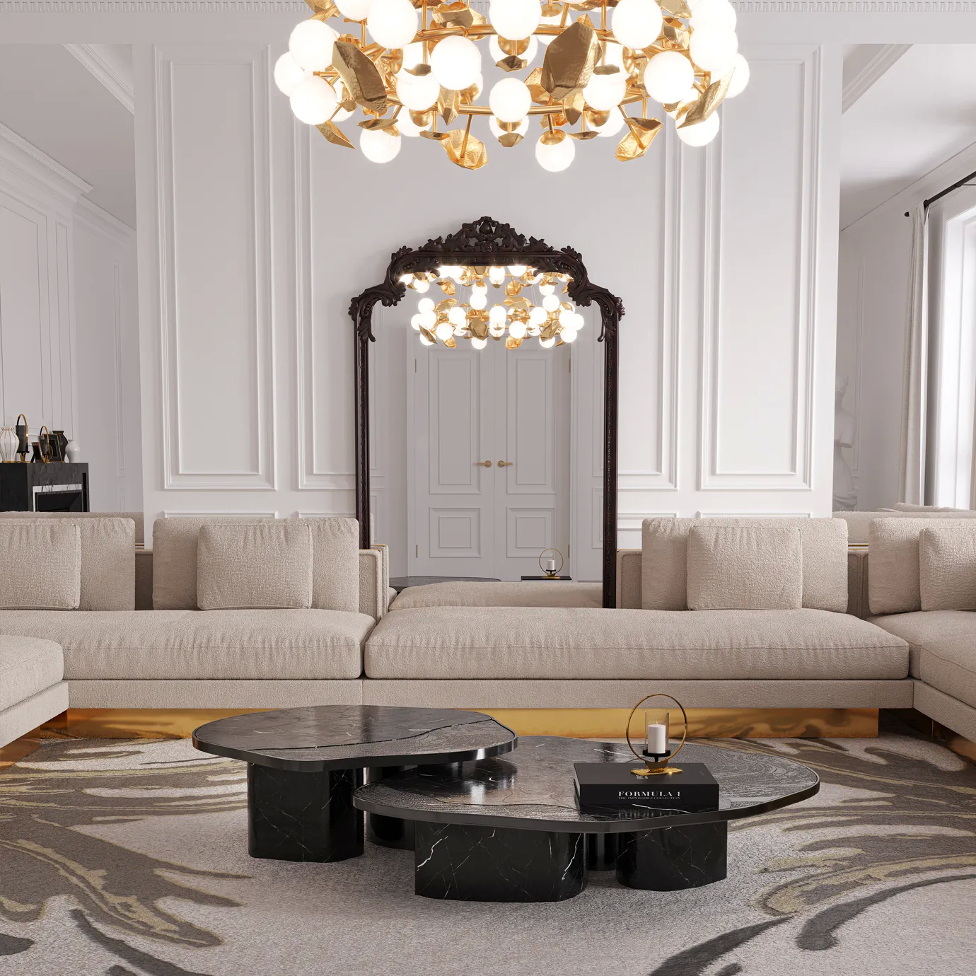 Angled view with the table's smooth top and flowing, gold-accented base in full view.