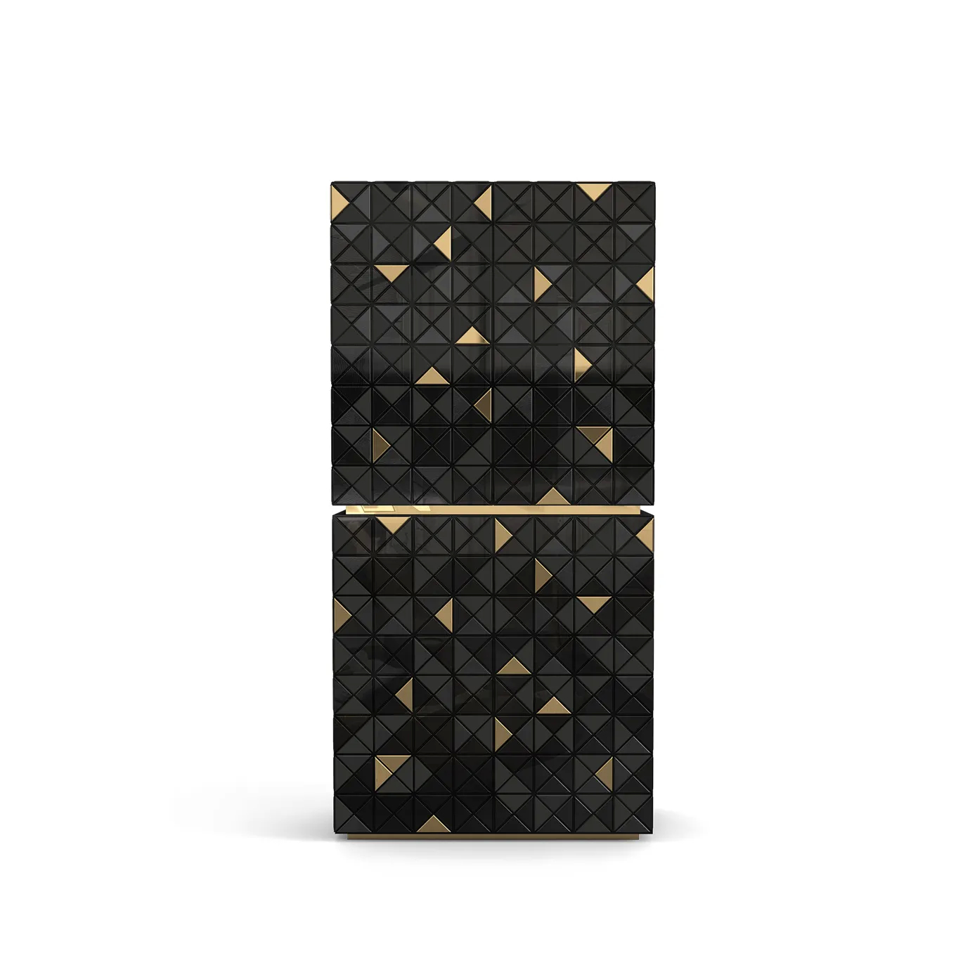 Angled front view of a black pixelated cabinet with metallic accents and reflective surfaces.