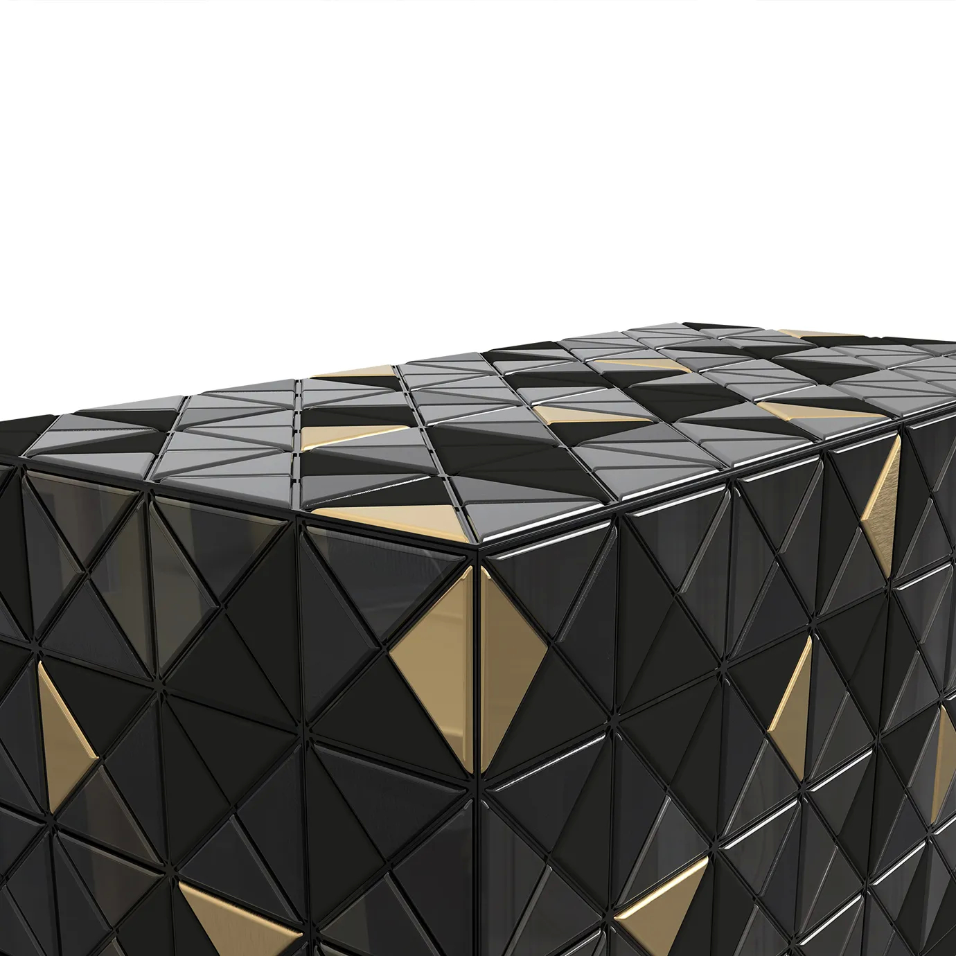 Interior view focusing on the open cabinet's glossy black shelving and gold hardware.