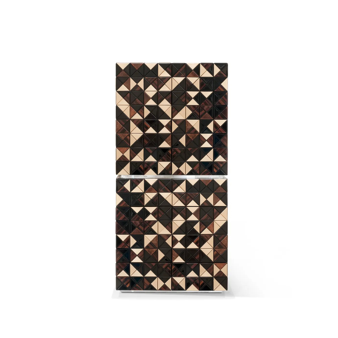 Pixel II Walnut Cabinet featuring 1088 handcrafted wooden triangles and a polished brass base.