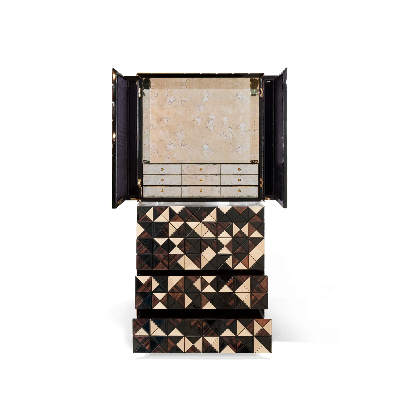 Pixel II Walnut Cabinet with handcrafted wooden triangles and polished brass base.