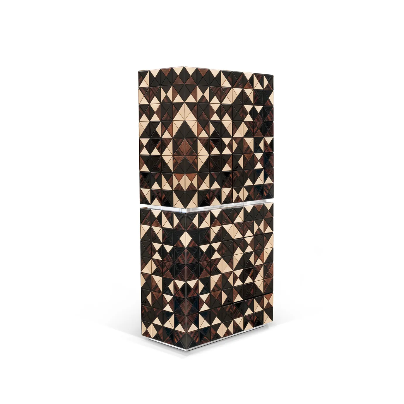 Pixel II Walnut Cabinet with 1088 handcrafted wooden triangles and a polished brass base.