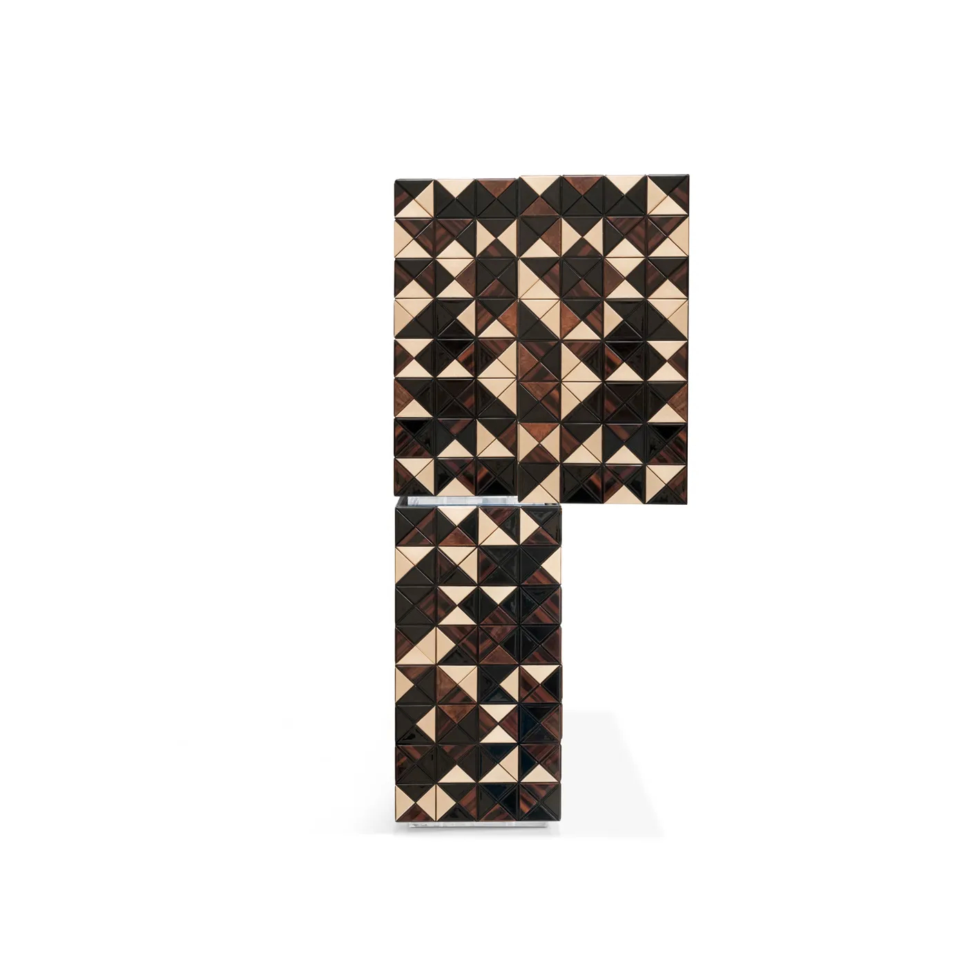 Pixel II Walnut Cabinet featuring 1088 handcrafted wooden triangles and a polished brass base.