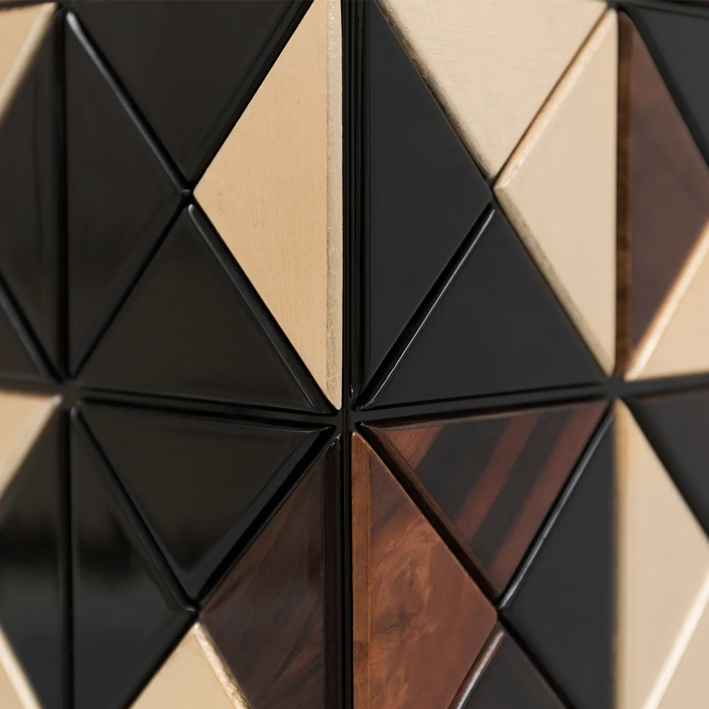 Pixel II Walnut Cabinet with handcrafted wooden triangles and polished brass base.