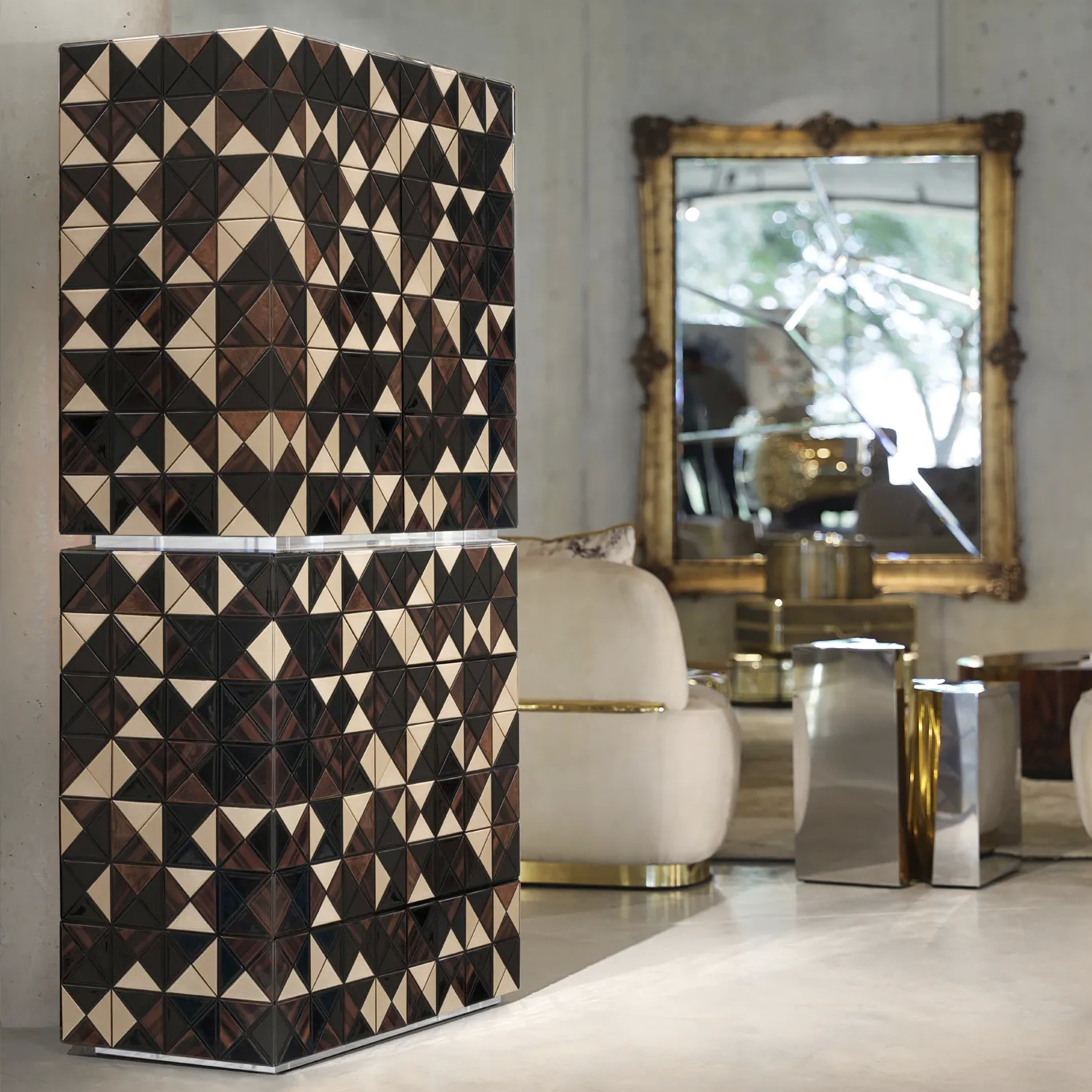 Pixel II Walnut Cabinet with 1088 handcrafted wooden triangles and a polished brass base.