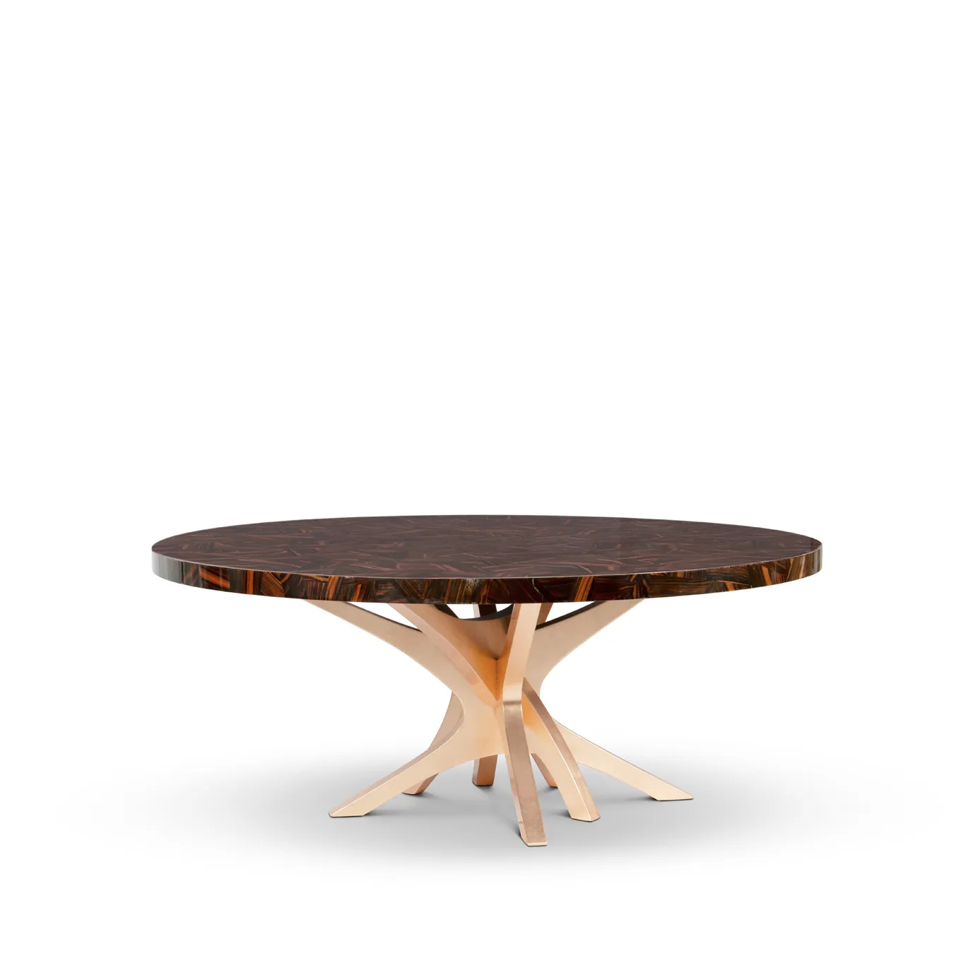 Patch Dining Table with geometric wood veneer top and sculptural oak base, finished in high gloss.