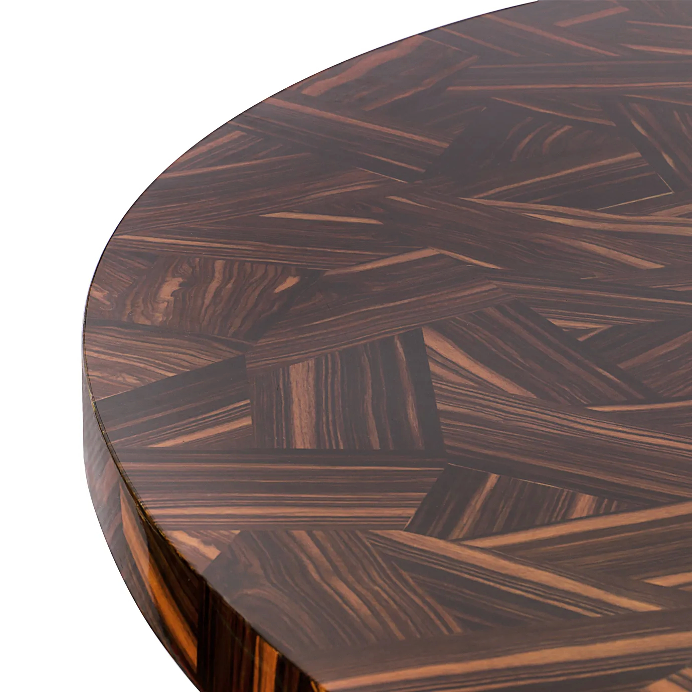 Patch Dining Table with geometric wood veneer top and sculptural oak base, finished in high gloss.