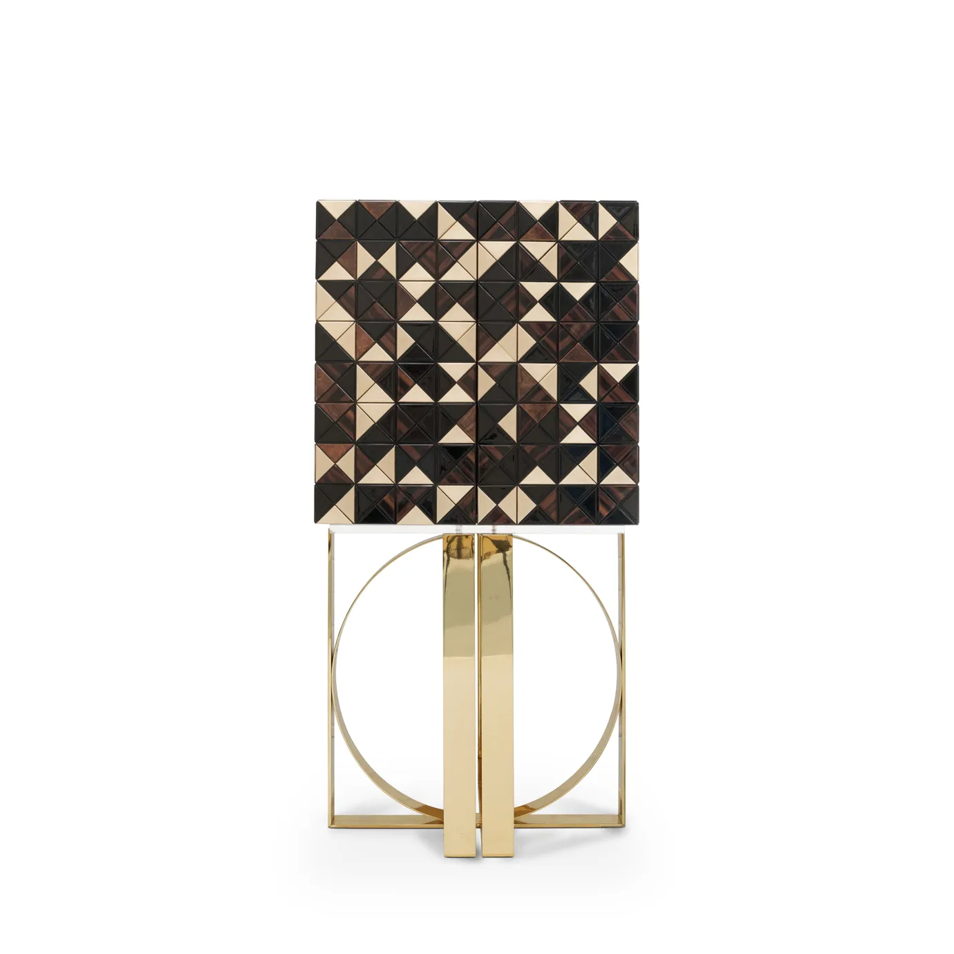 Pixel Walnut Cabinet with geometric pattern and gold base.