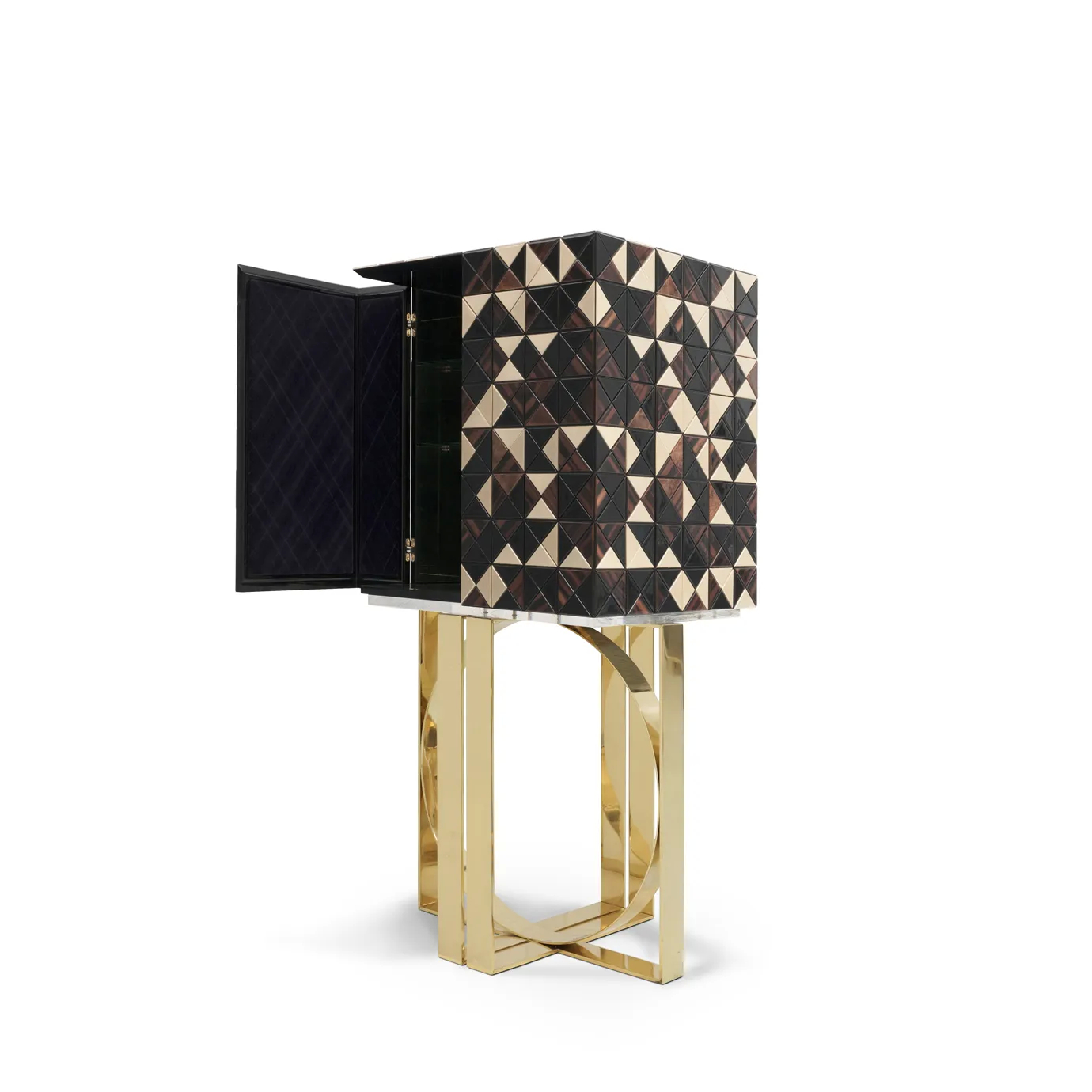 Pixel Walnut Cabinet with open door, showcasing geometric pattern and gold base.
