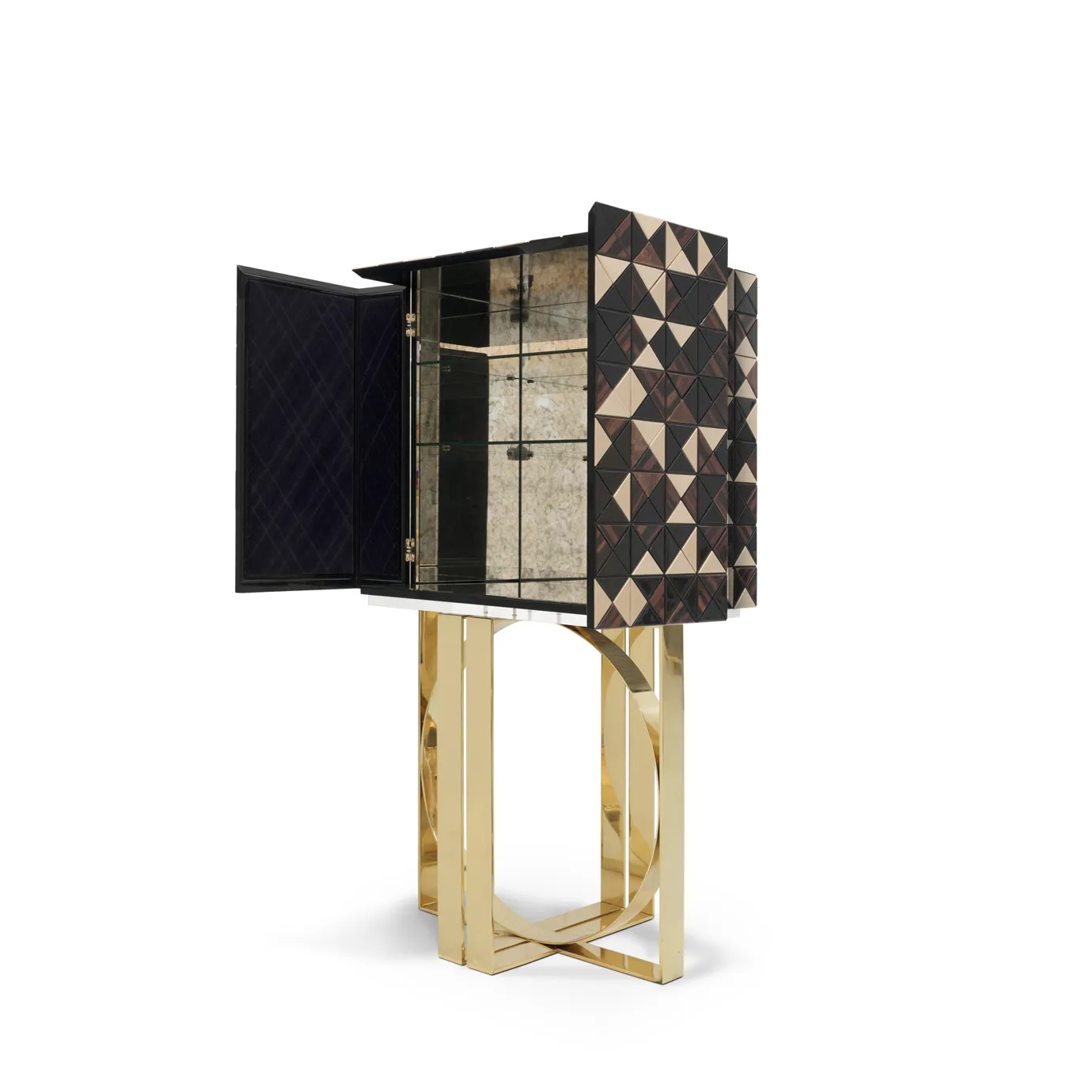 Pixel Walnut Cabinet with open doors, revealing interior and geometric pattern on gold base.
