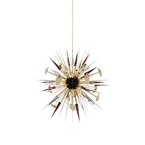 Outburst Chandelier by Boca do Lobo, featuring an explosion-inspired design with sharp gold-plated brass rays radiating from a central black core.
