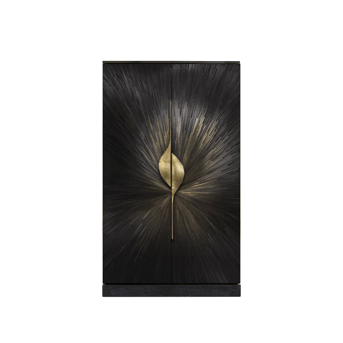 Black and gold armoire featuring a radiant straw marquetry sunburst design and sculptural brass pulls.