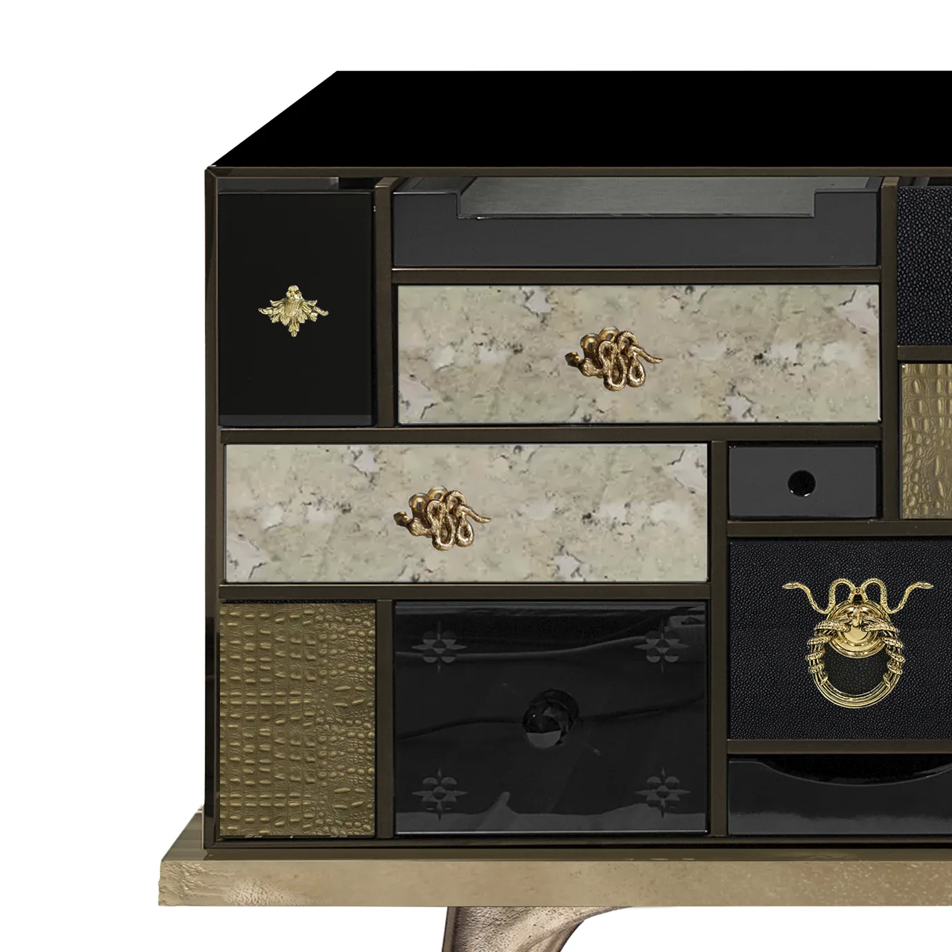 Close-up of the Mondrian Sideboard by Boca do Lobo, focusing on the layered composition of drawers and doors in black, white, gold, and wood finishes.