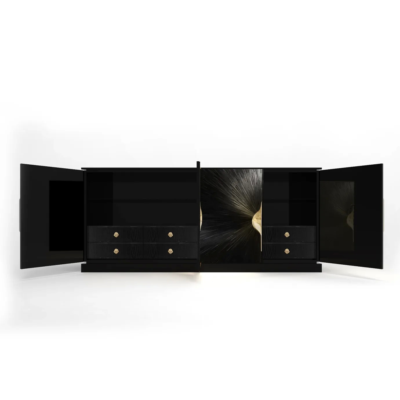 A luxurious Celine Straw Cabinet, shown open to reveal its black interior, drawers with gold pulls, and textured inner doors.