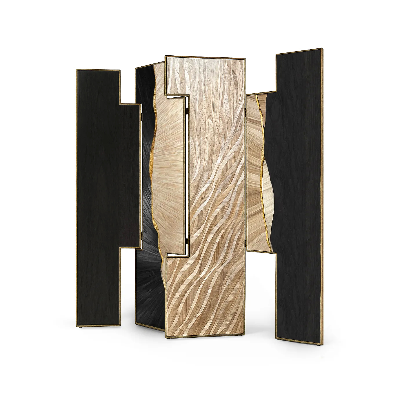 Mirage Floor Screen, a luxury room divider crafted with intricate straw marquetry in a wavy, textured pattern, featuring contrasting dark and light wood panels with organic edges.
