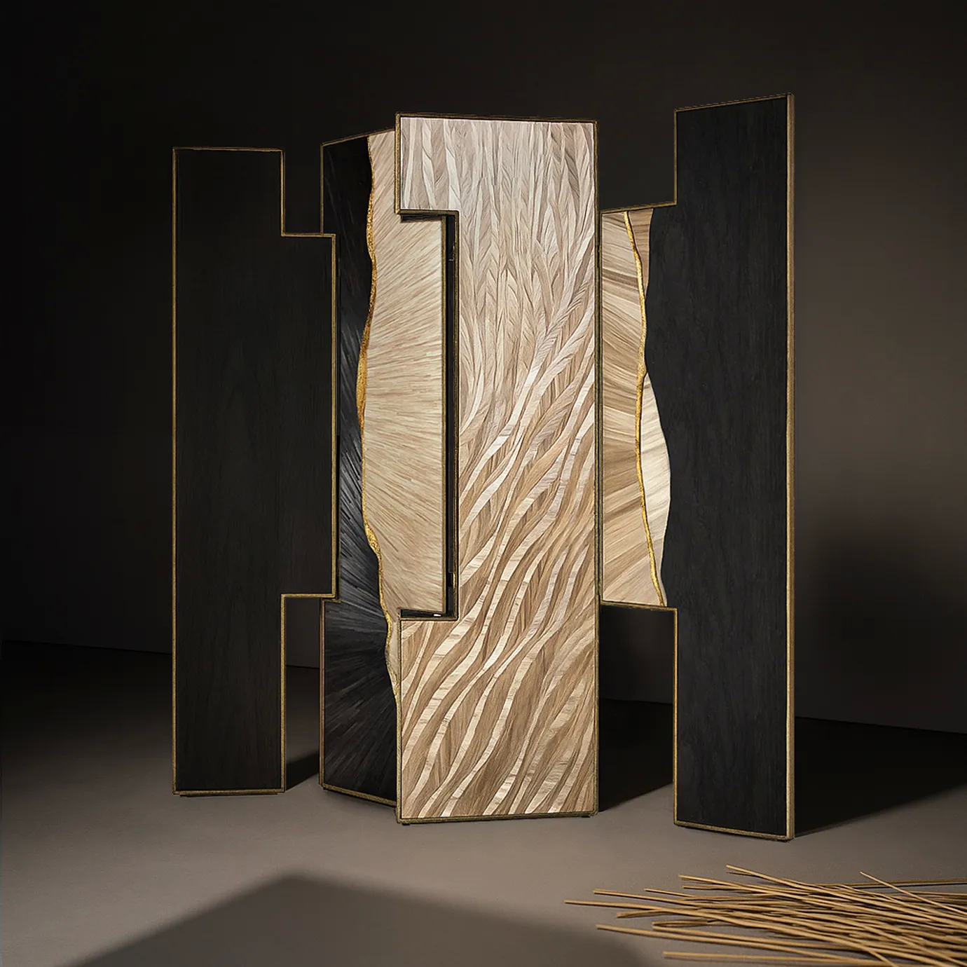 Handcrafted straw marquetry Mirage Floor Screen with unique undulating patterns and dark wood accents.
