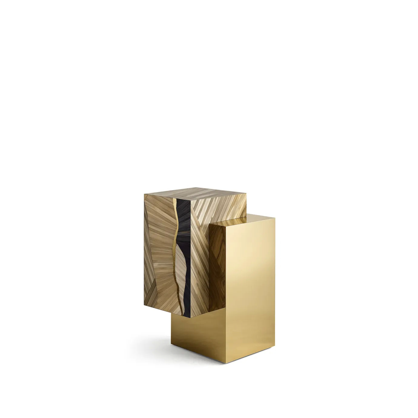 Oasis Side Table, a luxury accent piece featuring a unique design with intricate straw marquetry on one block and a brass finish on the other, ideal for modern interiors.