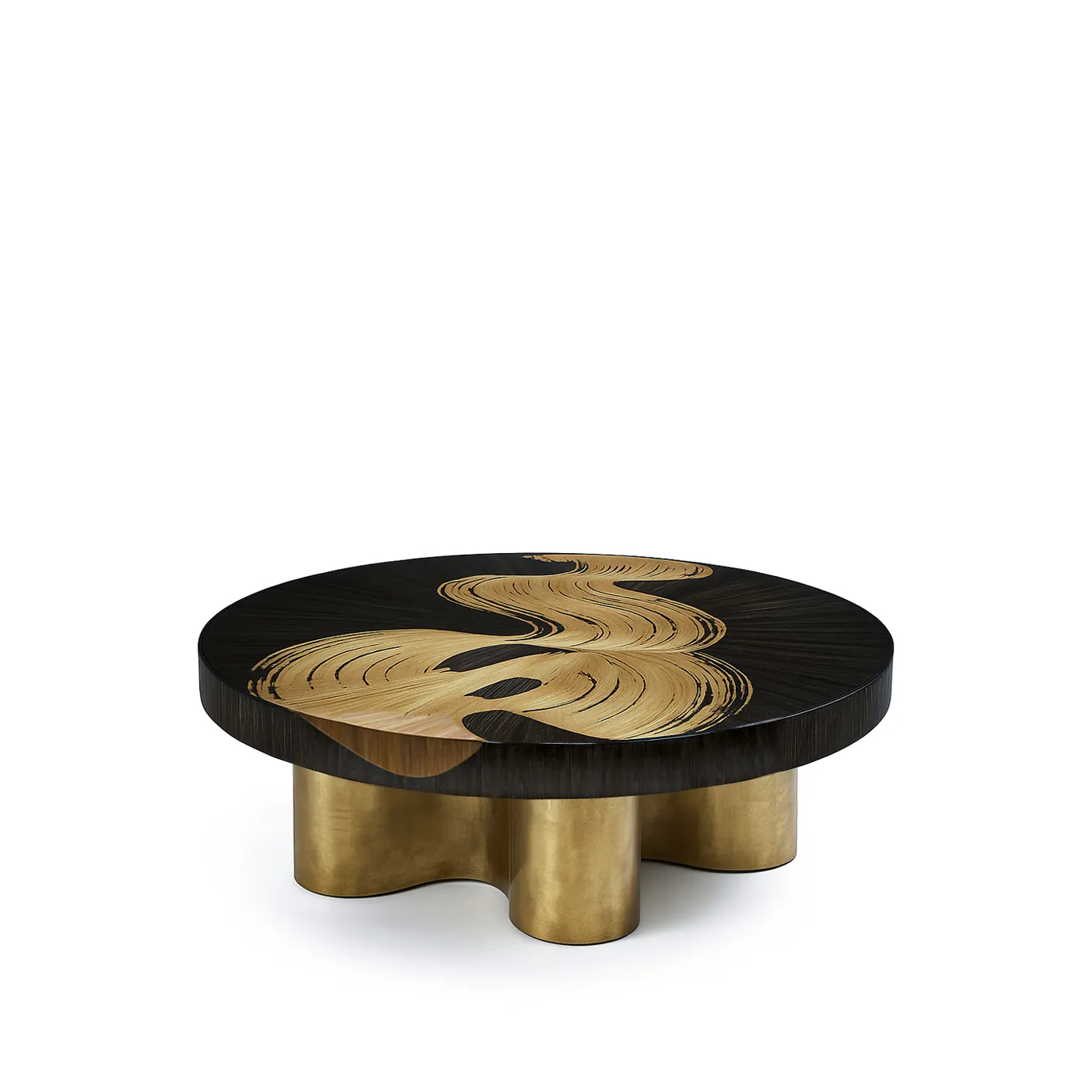 Bliss Coffee Table - Luxury round coffee table featuring exquisite dark straw marquetry with a gold abstract brushstroke design, supported by solid brass base. Modern artistic living room furniture