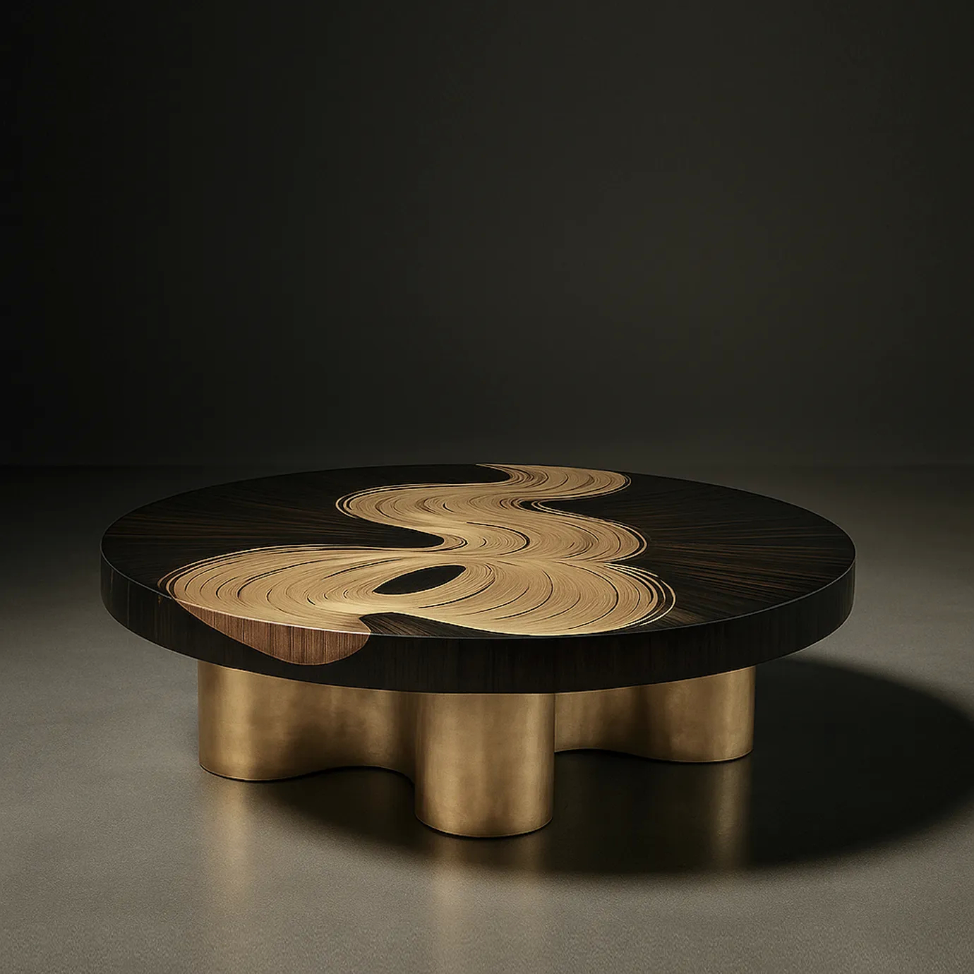 Bliss Coffee Table - Elegant round coffee table with dark straw marquetry and a flowing gold abstract design, illuminated against a deep, dark background. Features a sturdy brass base. Luxury modern living room centerpiece.
