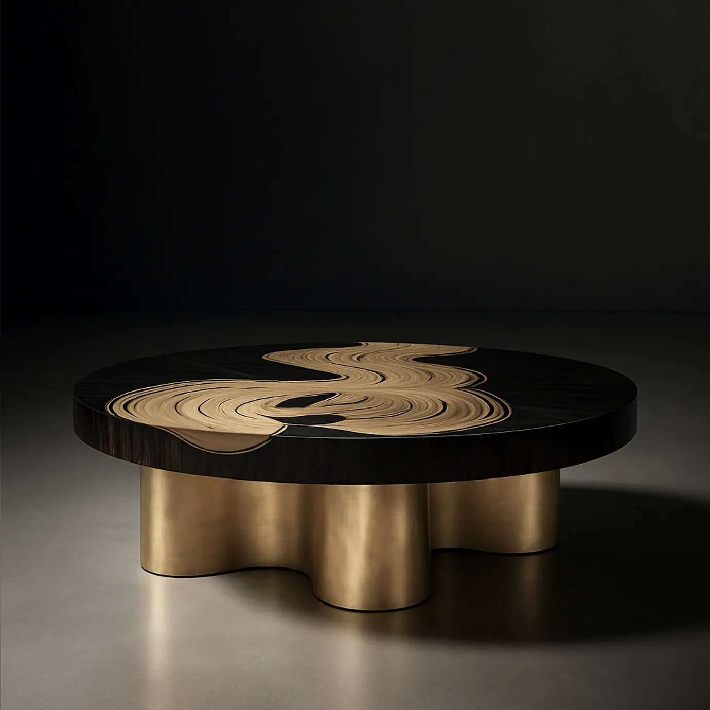 Bliss Coffee Table - Elegant round coffee table with dark straw marquetry and a flowing gold abstract design, illuminated against a deep, dark background. Features a sturdy brass base. Luxury modern living room centerpiece.