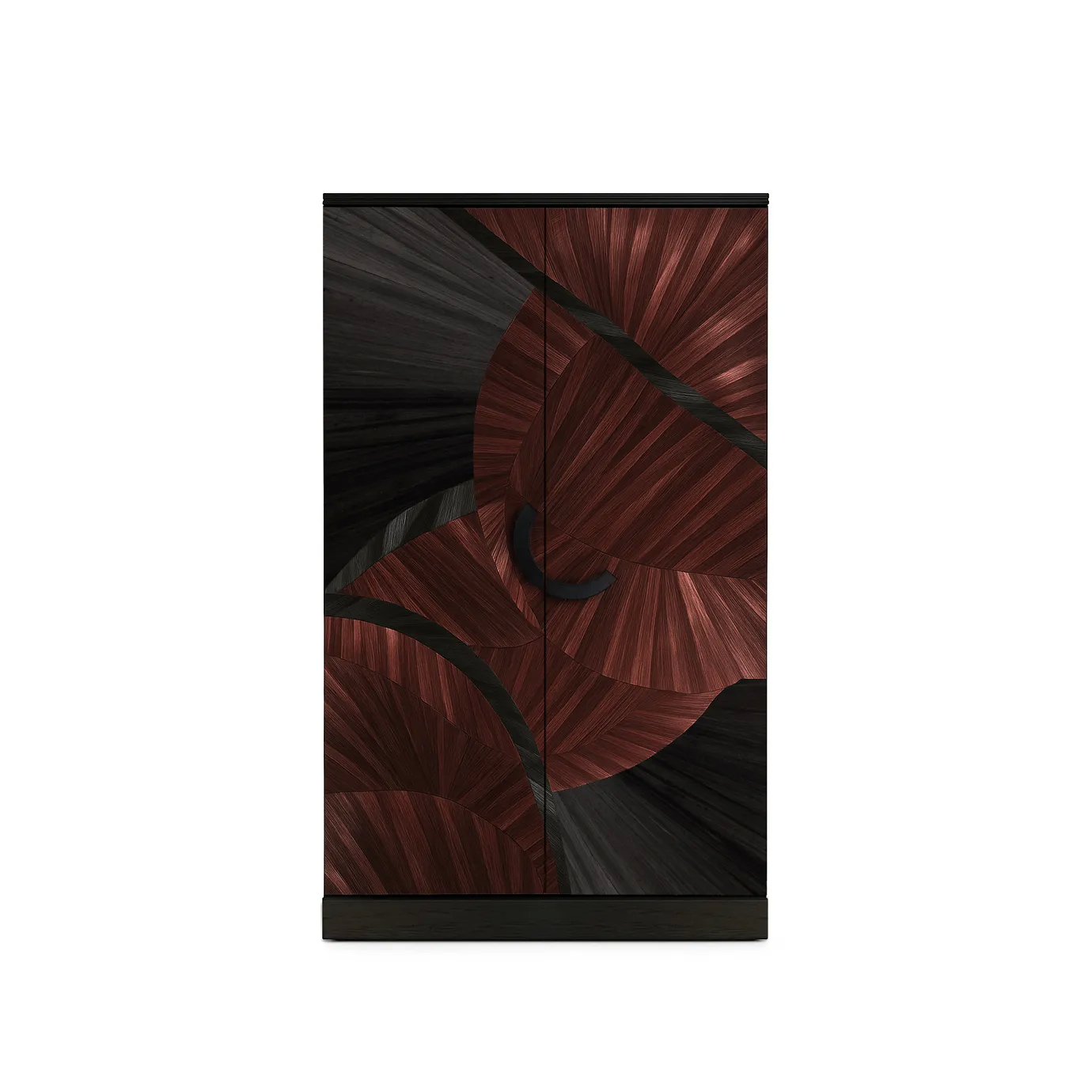 A luxurious Sahara Armoire with a distinctive straw pattern, featuring dark and reddish-brown tones arranged in an organic design.