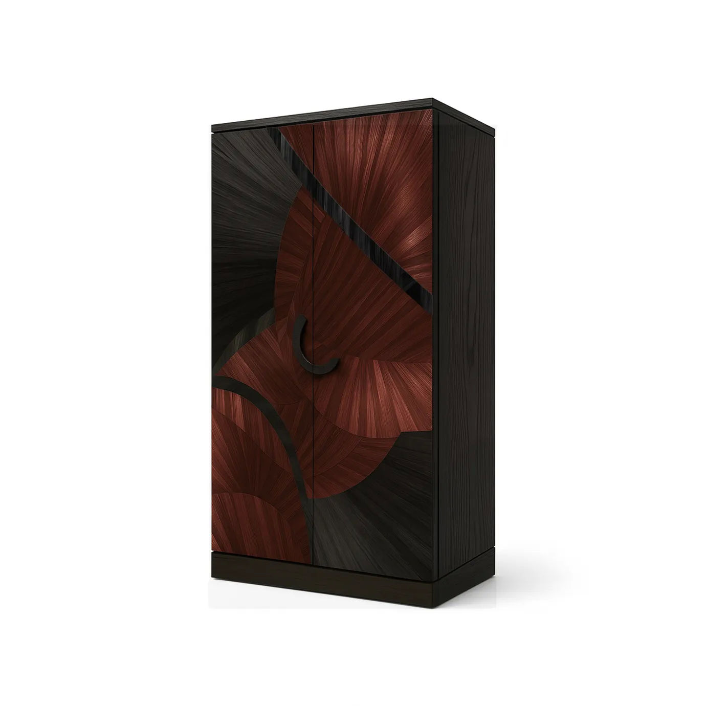 A luxurious Sahara Armoire, angled to show its side, with a unique straw pattern in dark and reddish-brown tones.