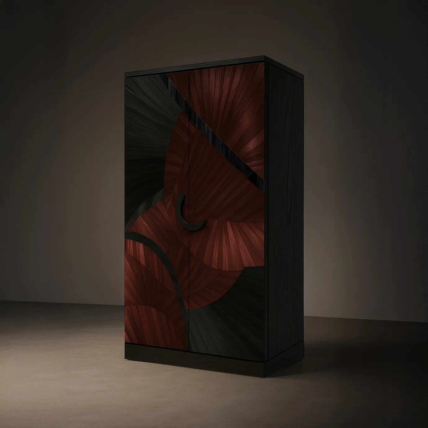 A luxurious Sahara Armoire in a dimly lit room, showcasing its unique straw pattern in dark and reddish-brown hues.
