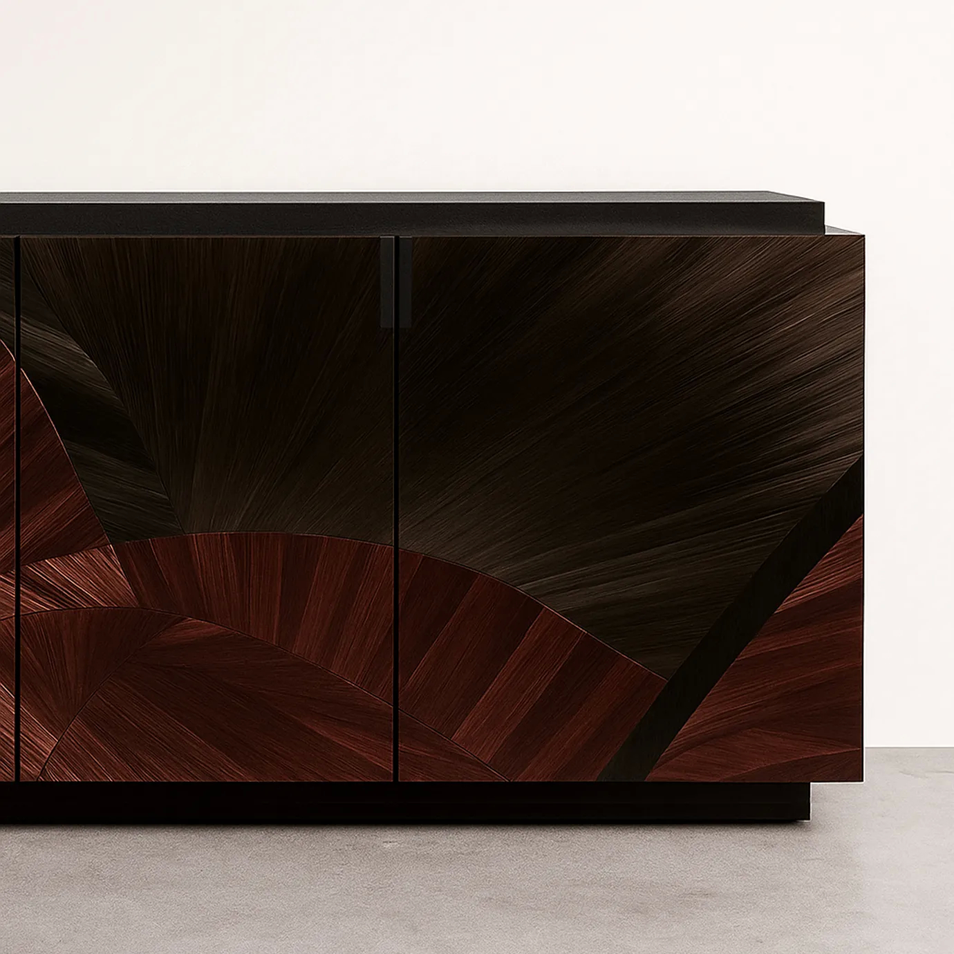 A close-up of the luxurious Sahara Cabinet, highlighting its intricate straw pattern with fanned reddish-brown and dark tones.