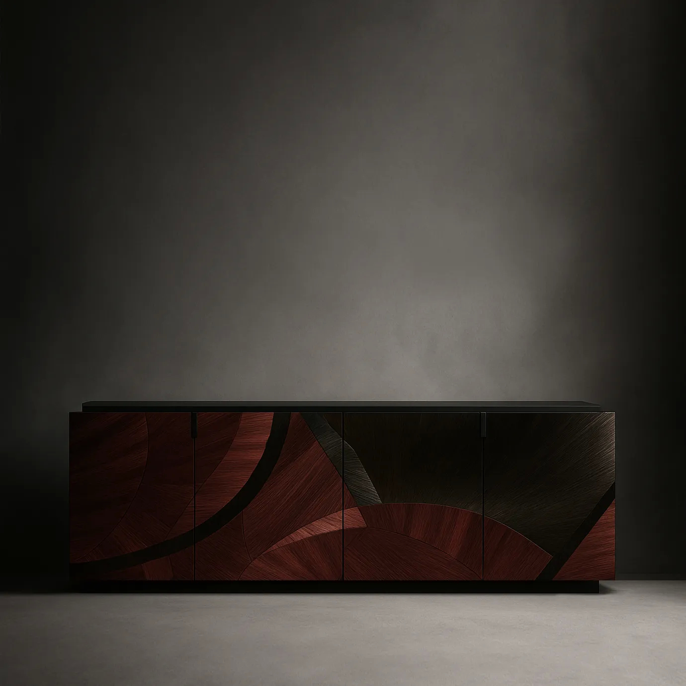 A luxurious Sahara Cabinet in a dimly lit setting, showcasing its unique straw pattern in reddish-brown and dark hues.