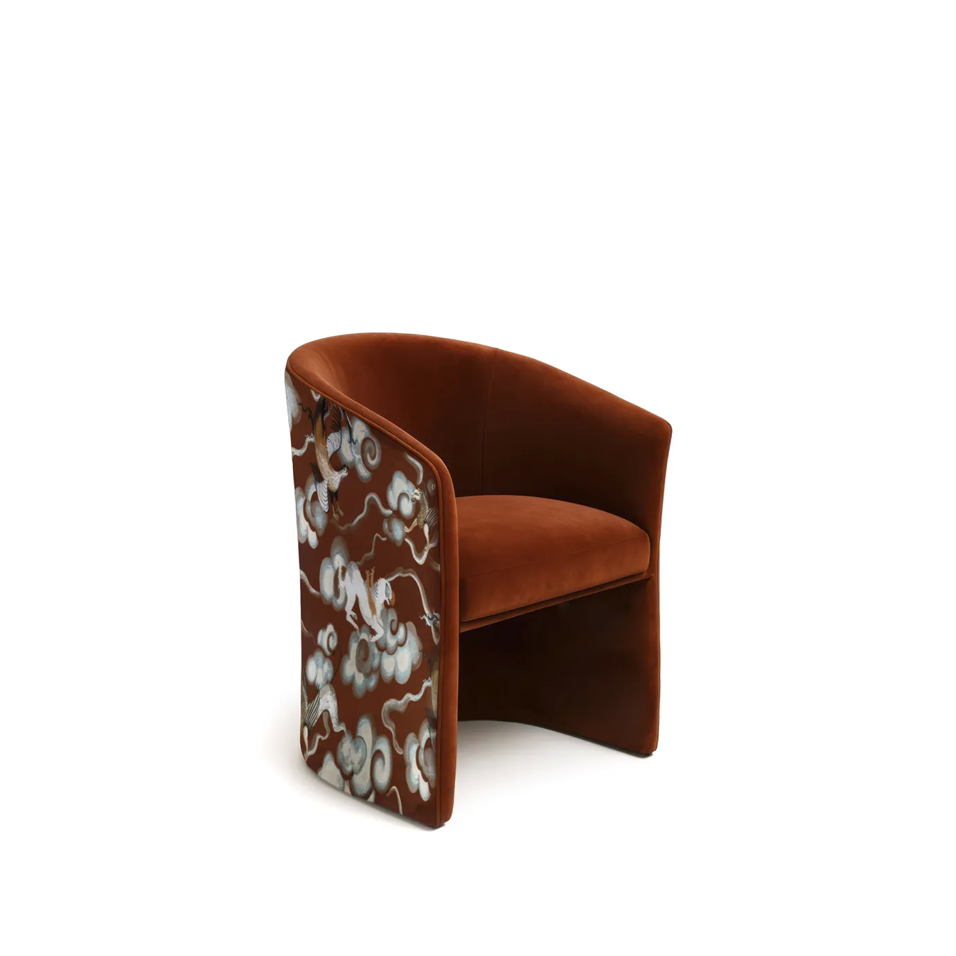 Curved velvet armchair in reddish-brown with cloud-patterned side panel in white, gray, and blue tones; sleek, legless silhouette with sculptural, contemporary design.
