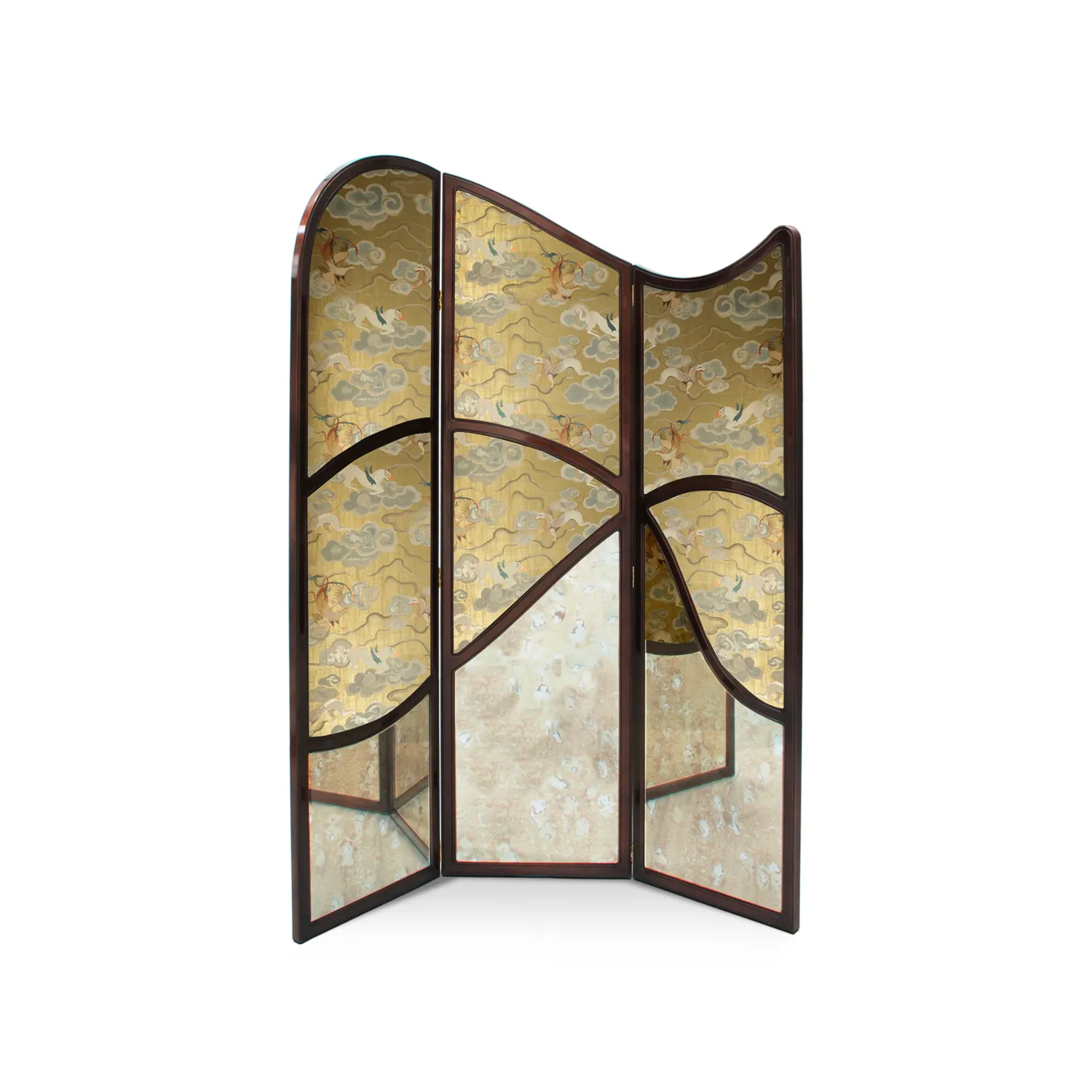 Three-panel decorative folding screen with curved dark wood frames, featuring mirrored surfaces and textured gold sections adorned with stylized cloud motifs
