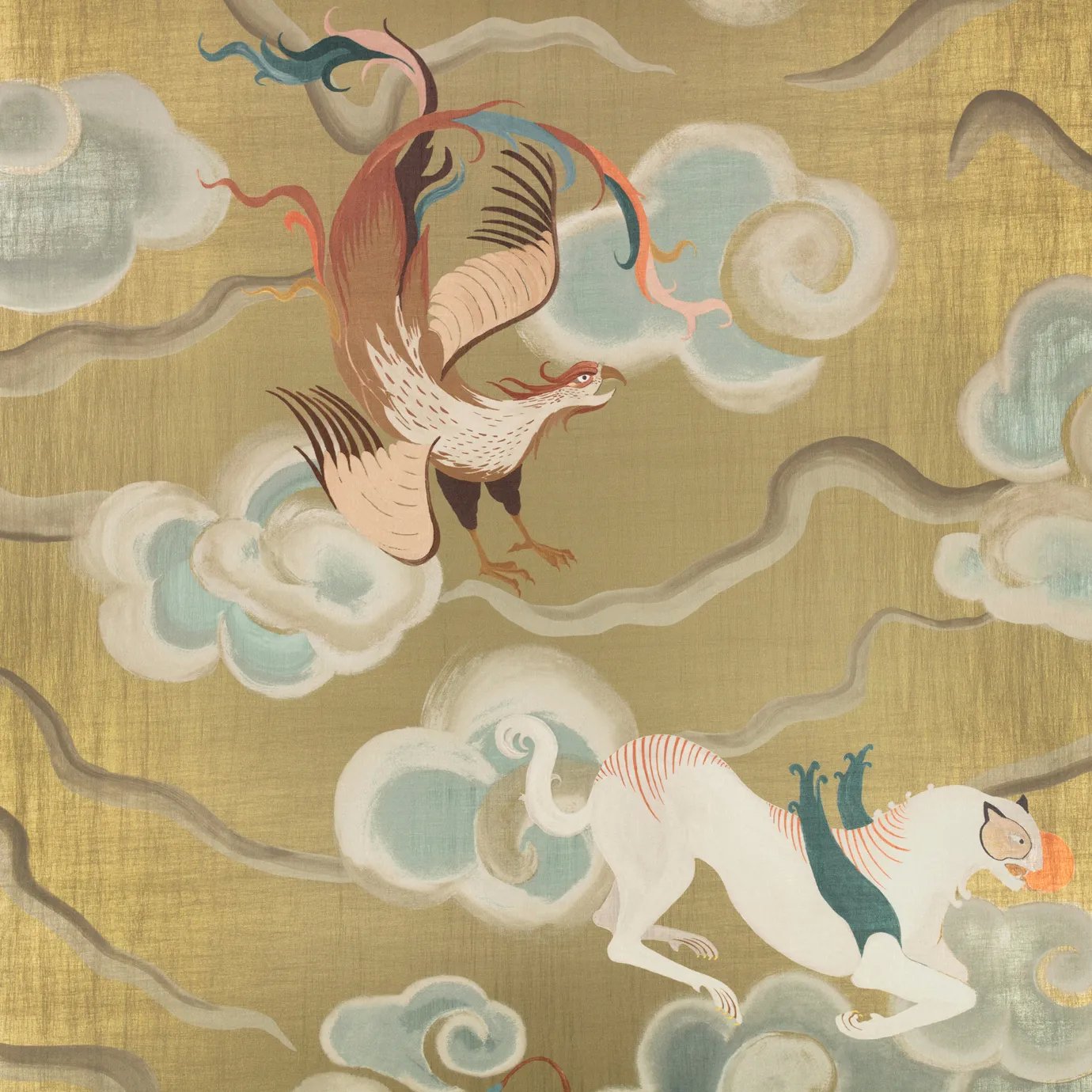 Stylized textile featuring mythical bird and tiger-like creatures in dynamic poses, set against swirling clouds and a golden sky, rendered in an East Asian-inspired traditional painting style.