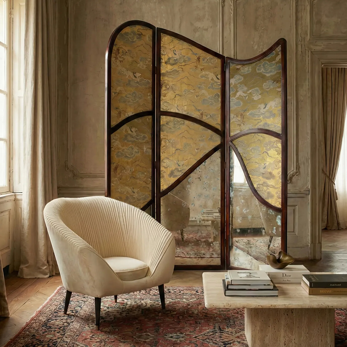 Refined interior with the KOKET Simone screen in antique gold and patinated mirror, the Audrey cream velvet accent chair, and a travertine coffee table set atop a vintage Persian rug.